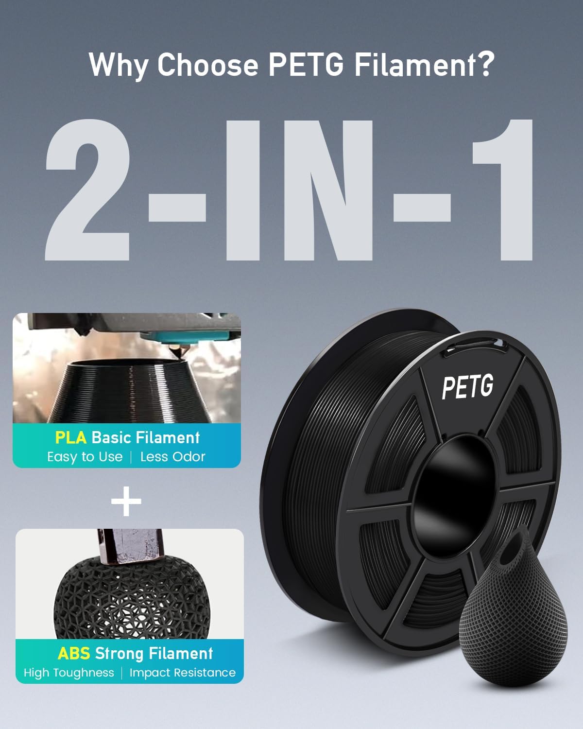 SUNLU Large Spool 5KG PETG Filament, 3D Printer Filament PETG 1.75mm, Less Stringing Good Layer Adhesion High Toughness, Big Roll Filament, 5kg Spool(11 lbs), Black