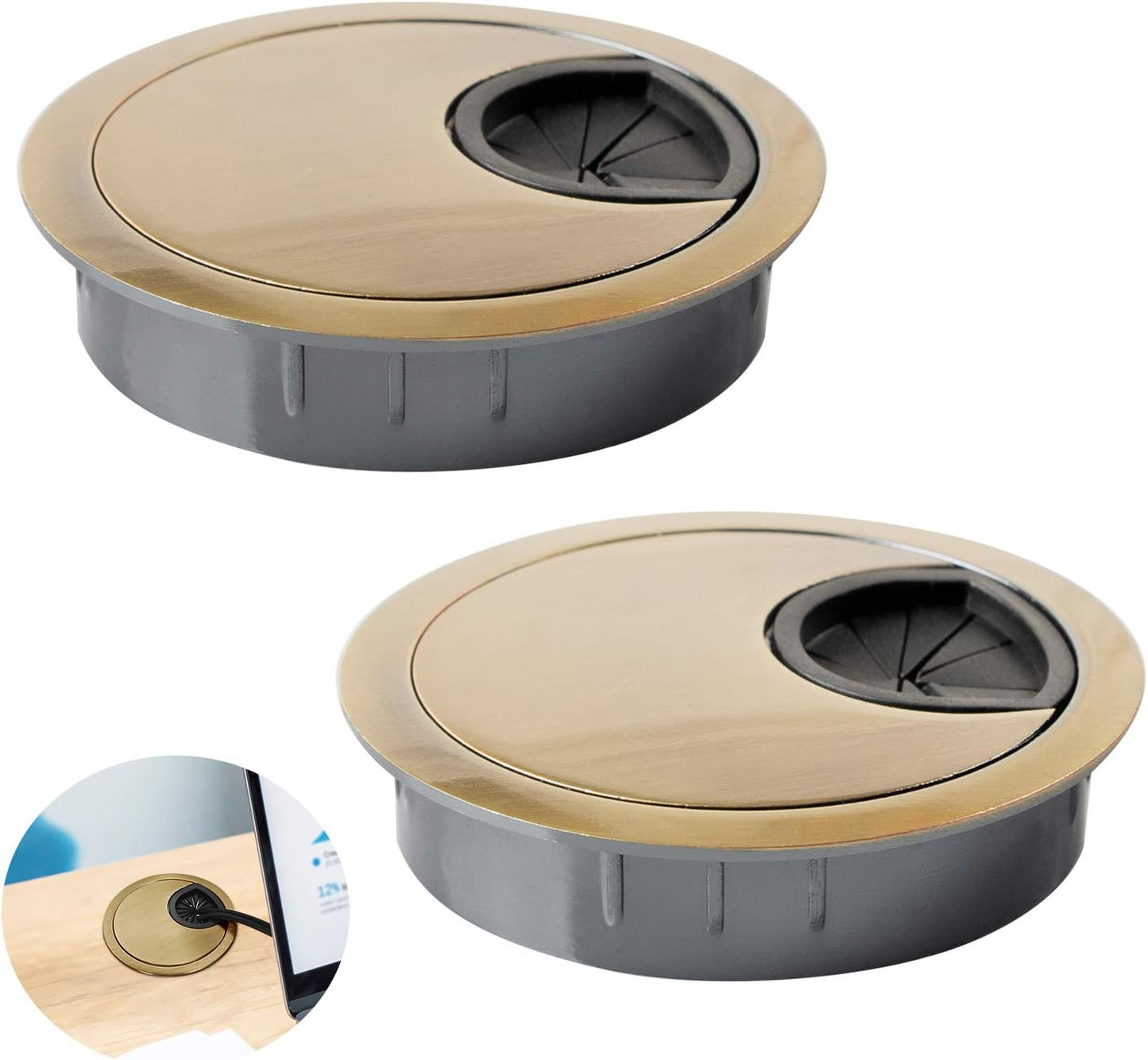 Desk Grommet for Wire Organizer,PC Computer Desk Plastic Grommet Cord, Tidy Cable Hole Cover Organizers,2 Pack (53mm, Gold)