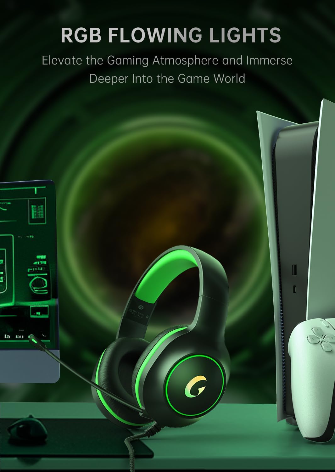 CM7002 Gaming Headset for PS5, PS4, PC, Mac, Switch, Xbox Series, Surround Sound RGB Gaming Headphones with Noise Canceling Microphone, 50MM Dynamic Drivers, 3.5MM Audio Jack, Black Green