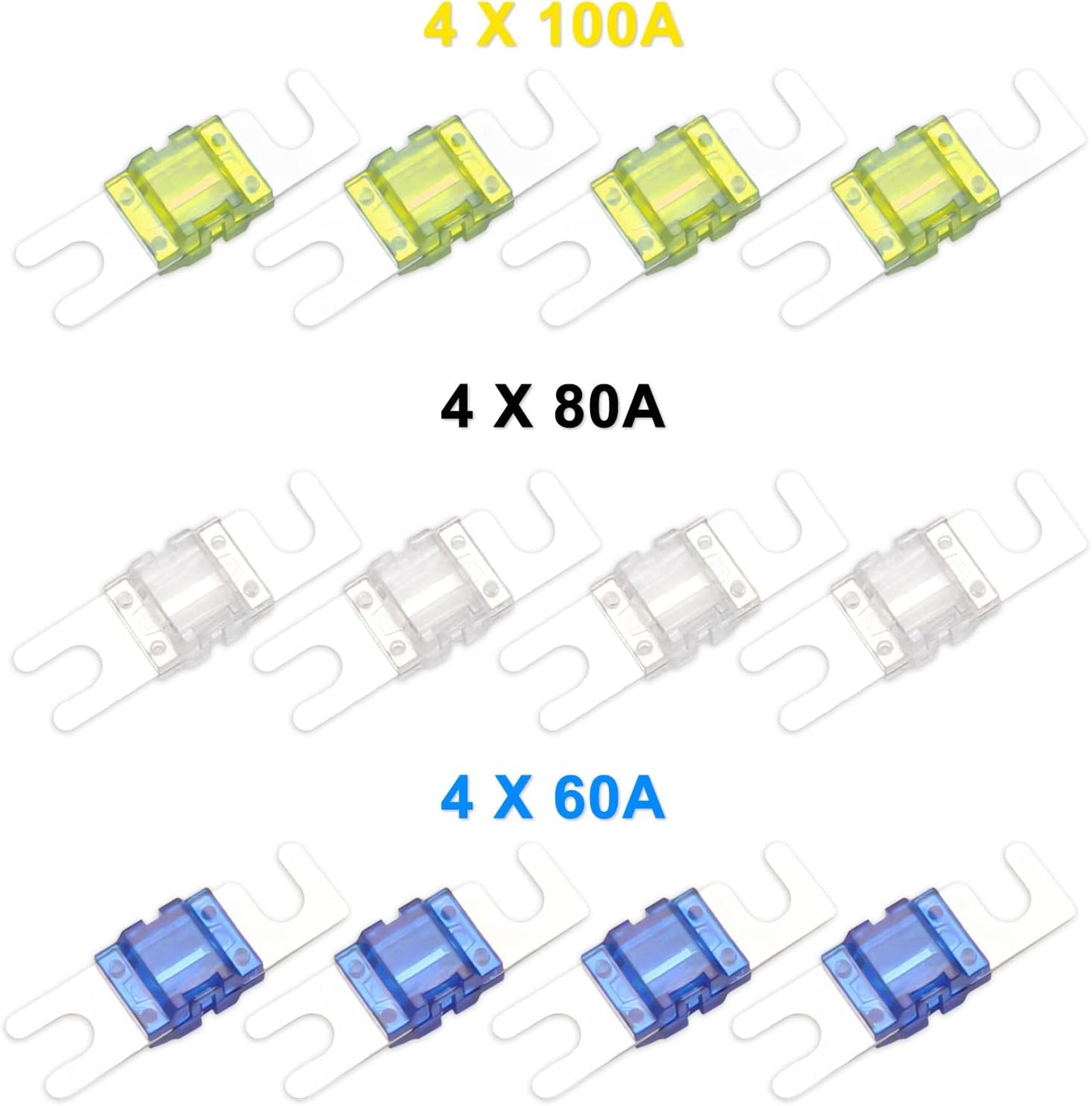 RECOIL MPG4 4-Way Mini-ANL Fused Distribution Block with Ground Block, Each Positive and Negative Block with 2X 0/2/4 Gauge Inputs & 4X 4/8 Gauge Outputs, Fused Distribution Block with 12pcs Fuses