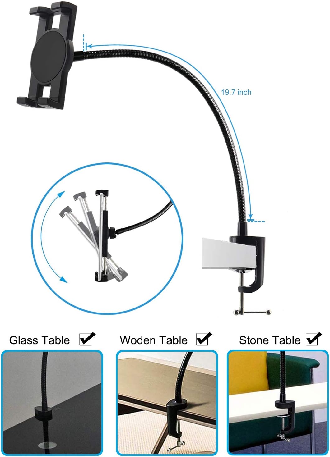 woleyi Gooseneck Tablet Holder Mount, Heavy Duty Desk/Bed Tablet Stand, Flexible Arm Clip for iPad Pro Air Mini, Galaxy Tab/Z Fold, Fire HD, Surface Pro/Go, Switch, iPhone and More 4.7-13" Devices
