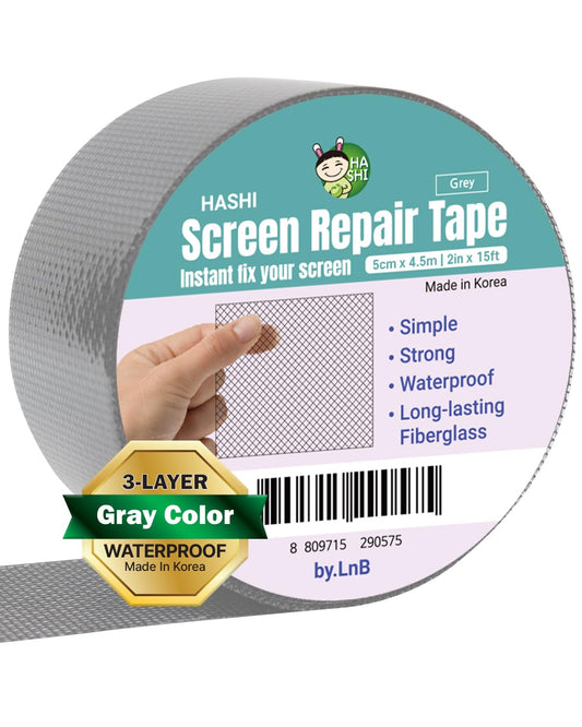 HA SHI Screen Repair Kit for Windows or Doors (2" x 6.5FT, Grey) 3-Layer Strong Adhesive Tape, Made in Korea, Ease-Installation Fiberglass Covering Mesh