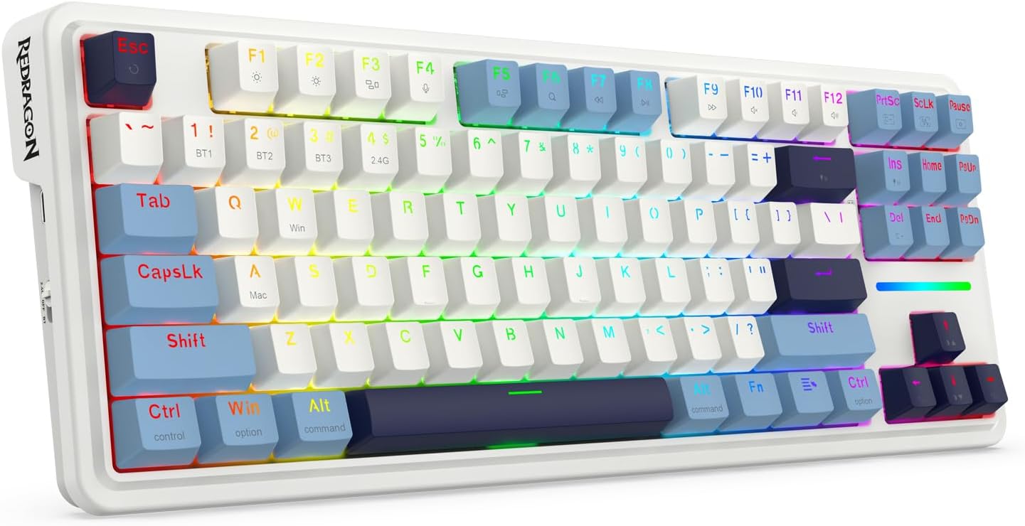 Redragon K728 PRO 80% Wireless Gasket RGB Gaming Keyboard, 3-Mode 87 Keys TKL Mechanical Keyboard w/Hot-Swap Socket, Mixed Color Keycaps & 5-Layer Noise Dampening, Custom Linear Switch