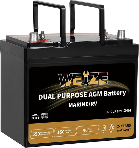 Weize Dual Purpose AGM Battery BCI Group 24M, Starter & Deep Cycle 150RC 550CCA 12V 90AH Sealed Marine & RV Battery