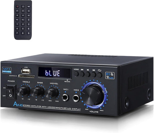 AK45 Stereo Receivers Amplifier Home Audio with Bluetooth, 300W, 2.0 Channel Power Amplifier for Home Stereo Syetem with RCA,SD,FM,USB, MIC in,Bluetooth Receiver for Karaoke,Studio