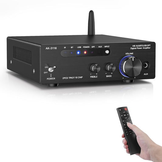 Facmogu AK-3116 HiFi Digital Amplifier, Bluetooth 5.3 200W Dual TPA3116 2 Channel 2x100W Class D Stereo Receiver w/RCA, USB, Optical, FM, Mini Amp Audio System for Home, Outdoor, w/ 24V Power Supply