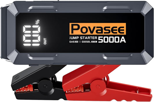 Povasee Car Battery Jump Starter 5000A Jump Box (All Gas/10L Diesel) Portable Car Jump Starter Battery Pack, 12V Jumper Starter Portable 3" LCD Display/Power Bank/Dual Output/LED Light DC