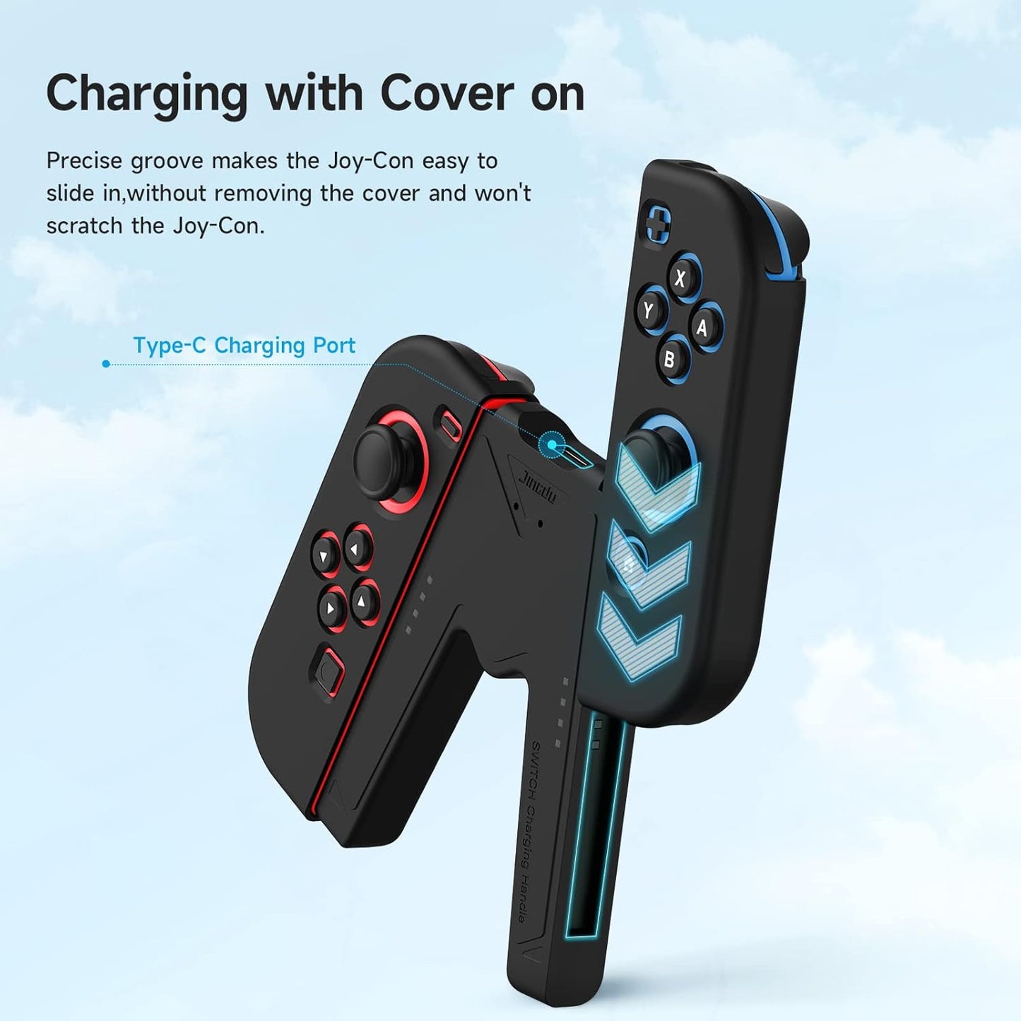 JINGDU Switch JoyCon Charging Grip Compatible with Nintendo Switch Standard & OLED Model, Play While Charging, Portable VShaped JoyCon Controller Charger with Charge Cable | 2PCS | Black