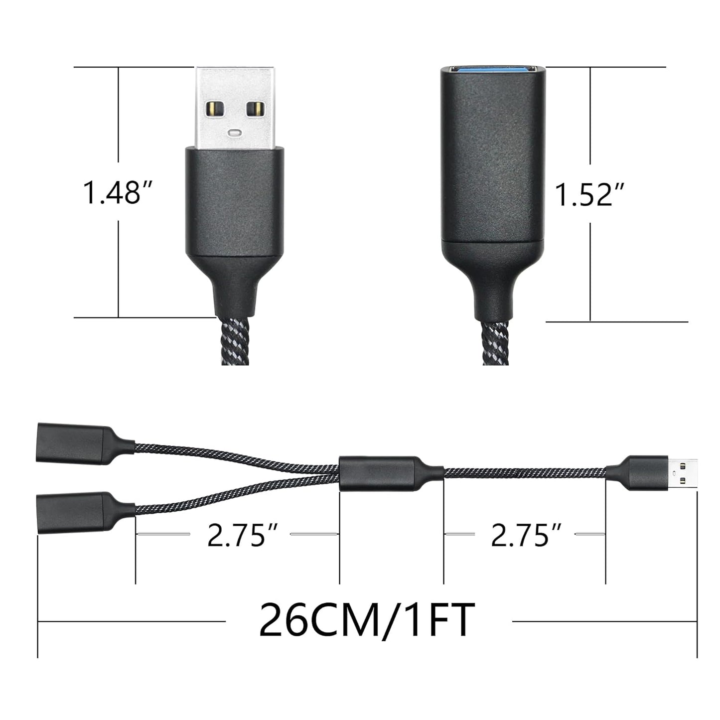 USB Splitter Cable 1FT, USB A Male to Dual USB A Female Y Splitter Adapter 1 in 2 Out, Power & Data with OTG Function Intelligent Chip, for Smartphone, Laptop, Car etc