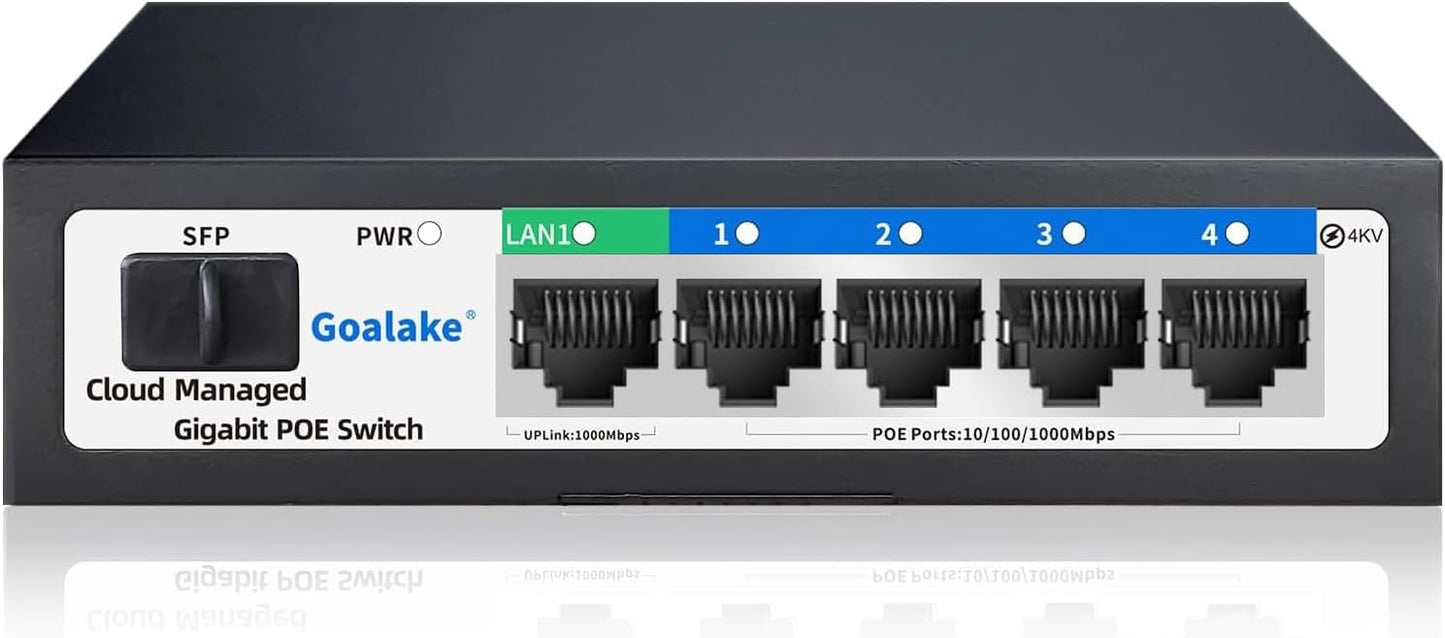 Poe Switch, 5 Ports Gigabit PoE Switch (4 Ports gigabit Switch + 1 gigabit uplink+ 1 SFP Slot) Cloud Managed Gigabit Ethernet Switch, 4 Poe Ports @52W, Web/APP Smart Managed, Remote Detection/Restart