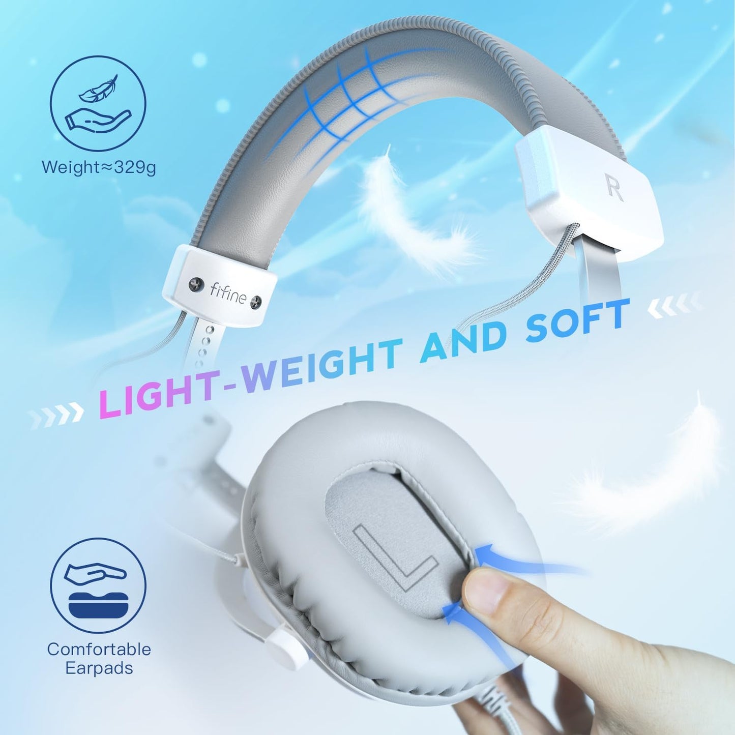 FIFINE USB PC Gaming Headset with 3.5mm Audio Jack, Detachable Microphone, 7.1 Surround Sound, Volume Control, Streaming Over-Ear Wired Headphones for Computer, PS5, Controller, Xbox-H9 White