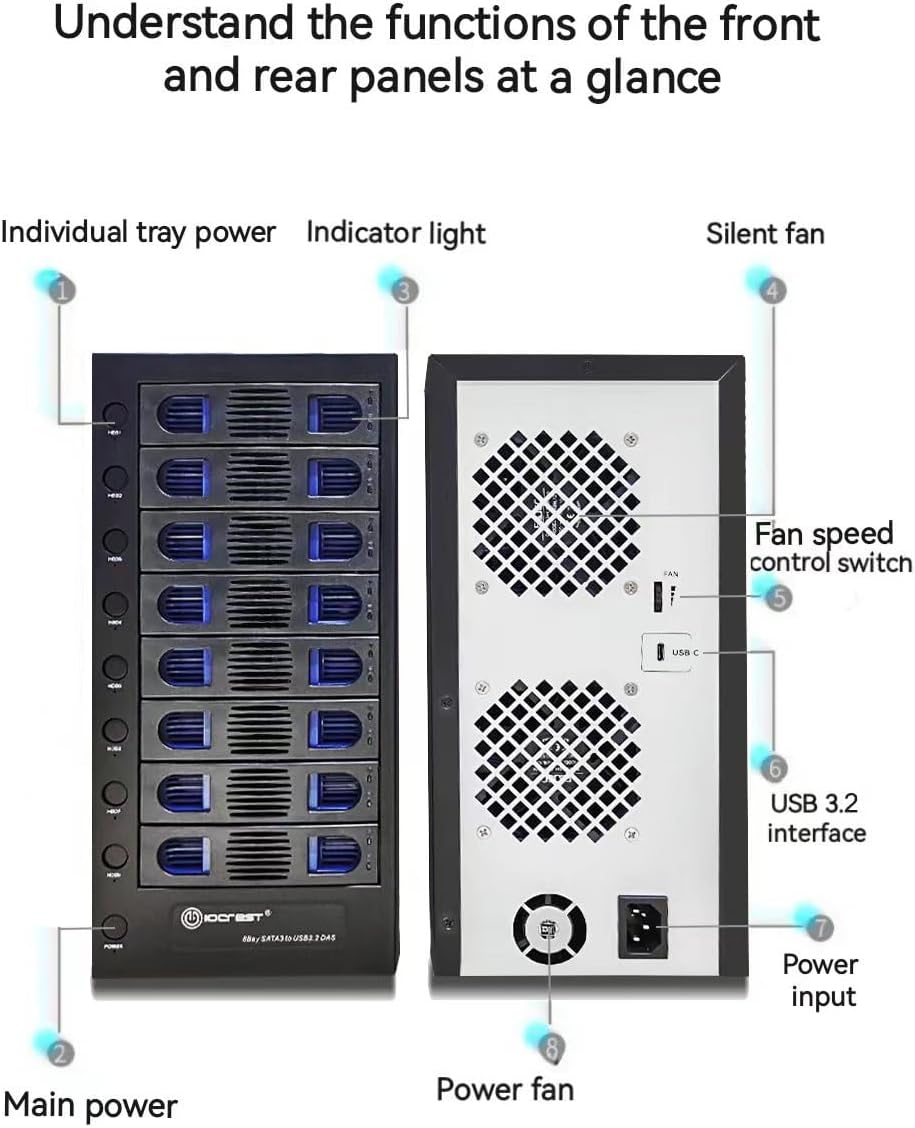 8 Bay Tool Less Tray Hot Swapable 2.5" and 3.5" SATA Hard Drive External USB-C 3.2 (10Gbps) Hard Drive Enclosure. Support up to 8X 22TB Capacity.