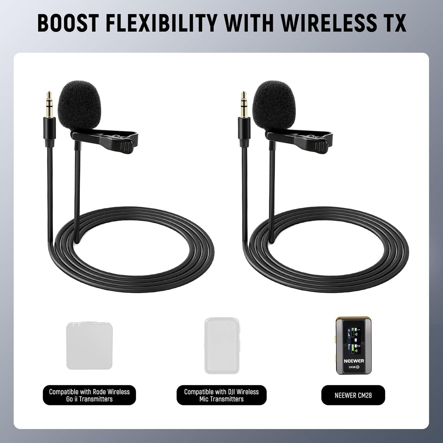 NEEWER Lavalier Lapel Microphone (2 Pack), Omnidirectional Condenser Wired Clip On Lav Mic for Stage YouTube Live Streaming Compatible with Rode Wireless GO II 2 DJI Wireless Mic Transmitter, CM5