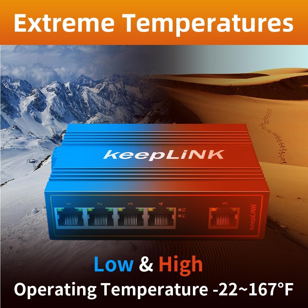 5 Port Industrial PoE Switch Unmanaged, 125W Fast Ethernet Din Rail Switch, IP40, Operating Temperature Range of -30° – 75°C (-22° – 167°F)