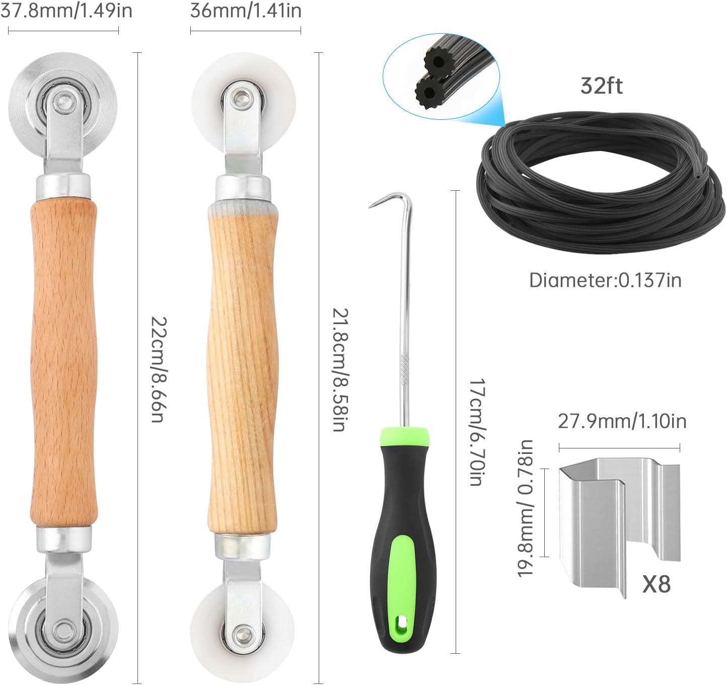 Window Screen Repair Kit, Steel/Nylon Roller Tool with Bearing+8pcs Screen Clips+32ft Screen Spline+Spline Removal Hook, 5 in 1 Screen Roller Tool Kit for Installing Door Mesh Screens