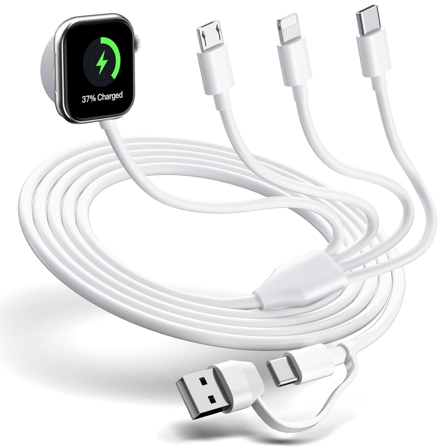 Multi Charging Cable 4 in 2 for Apple Watch Charger i-Phone, Travel 4 in 2 Watch & Phone Charger with iOSPorts/Type C/Micro USB Port Compatible with iWatch/iPhone 16 15/Galaxy Android-6FT