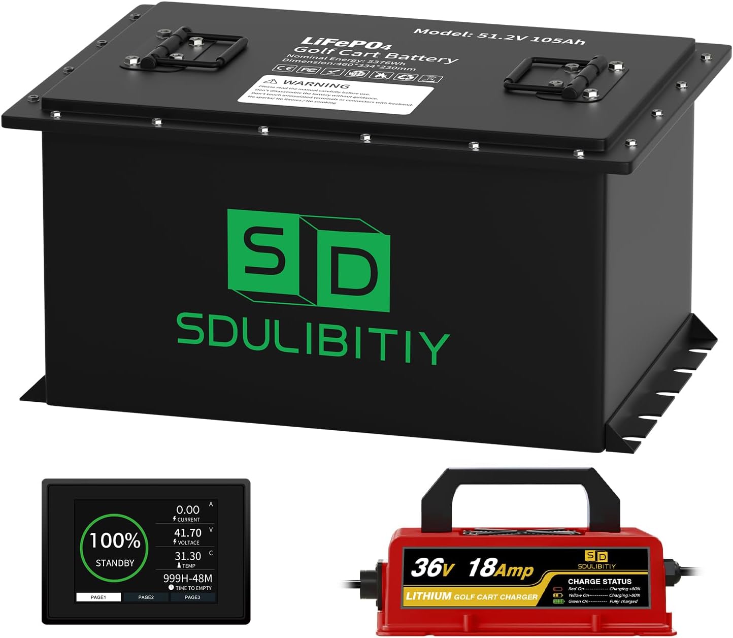 48V 105Ah LiFePO4 Lithium Golf Cart Battery, Built-in Smart 200A BMS, with Touch Monitor, Mobile APP, 4000+ Cycles Rechargeable Lithium Golf Cart Battery, Max 10.24kW Power Output for Golf Cart