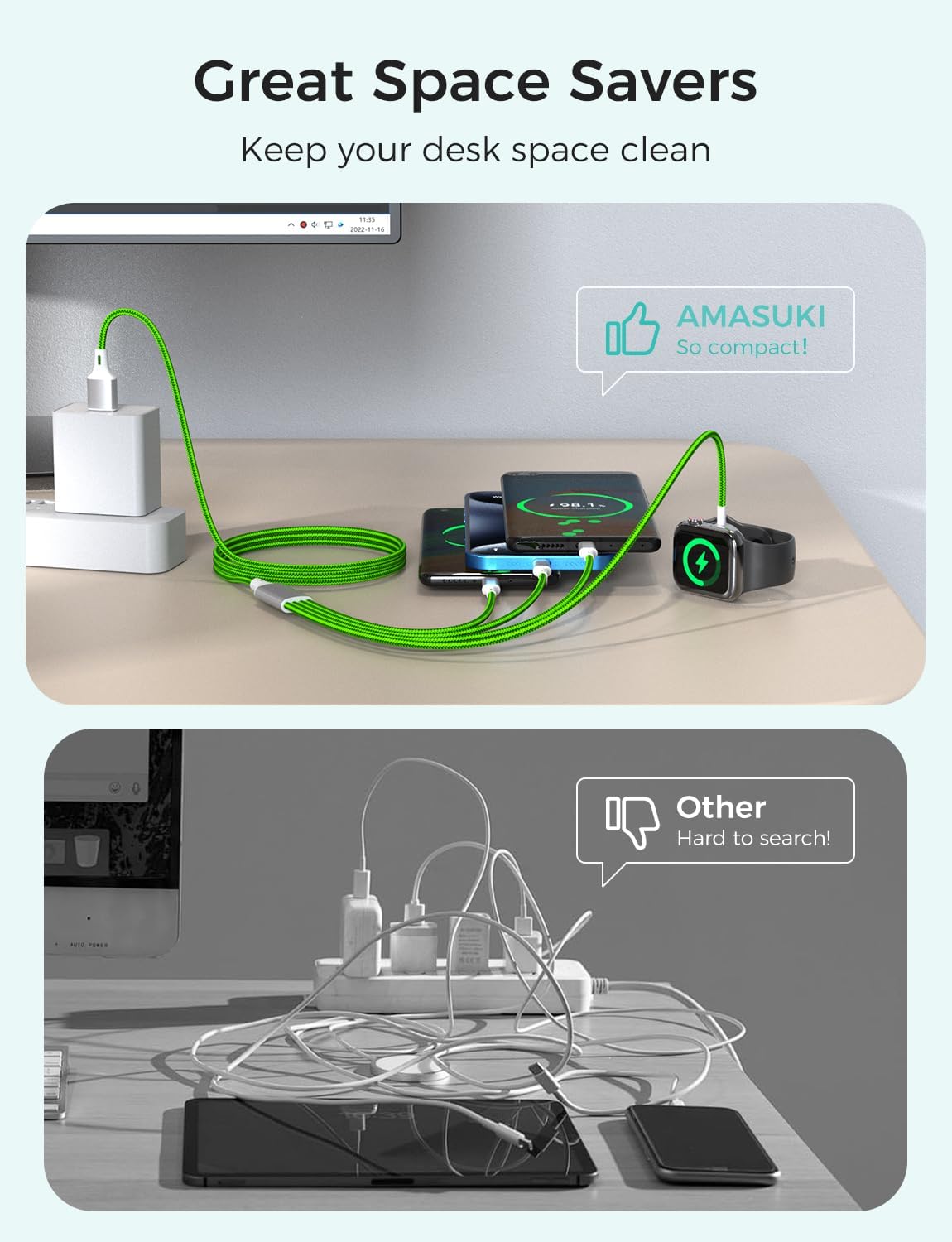 2Pack Travel Essentials Multi Charging Cable for Watch Charger 4 in 1 Fast Charger Camping Essentials USB C/L/Micro Compatible with Watch Series 10-1/SE/Ultra Phone 16 15/Galaxy Android-4FT/Green
