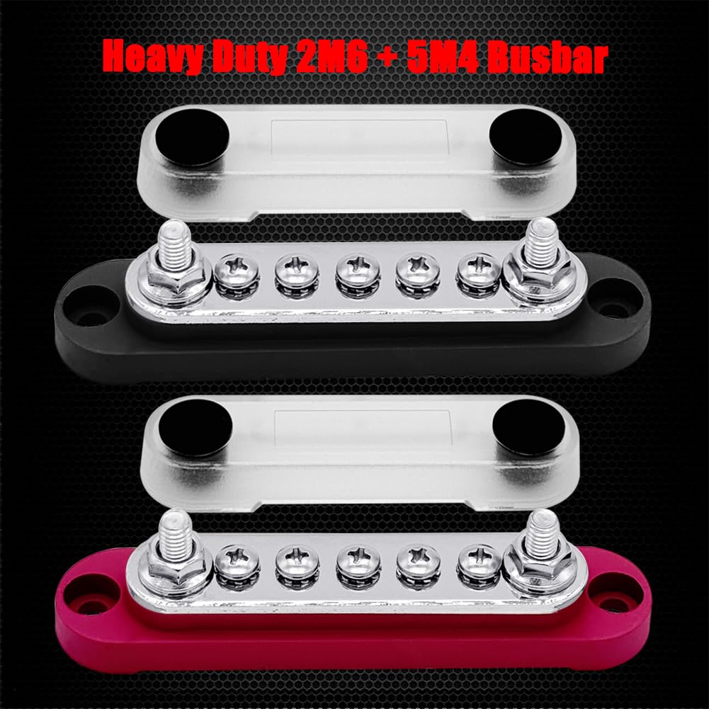 2 x M6 (1/4") Power Distribution Block Bus Bar 12V with 5 x M4 (#8) Screws, Ampper 4.3" 150A Marine BusBar Battery Distribution Block W/Cover for Car Boat Solar (Red & Black)