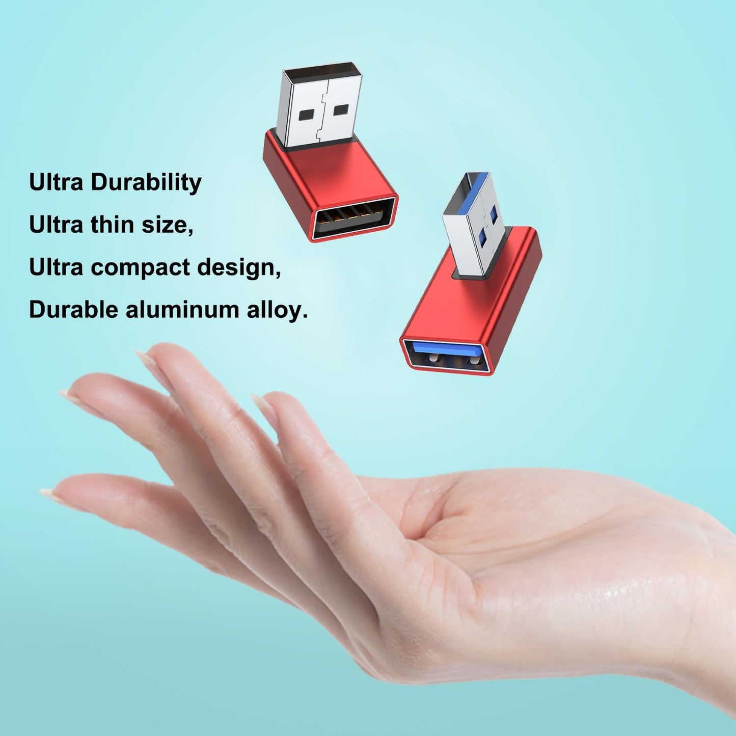 AreMe 90 Degree USB 3.0 Adapter 4 Pack, Up and Down Angle, Left and Right Angle USB A Male to Female Converter Extender for PC, Laptop, USB A Charger, Power Bank and More (Red)