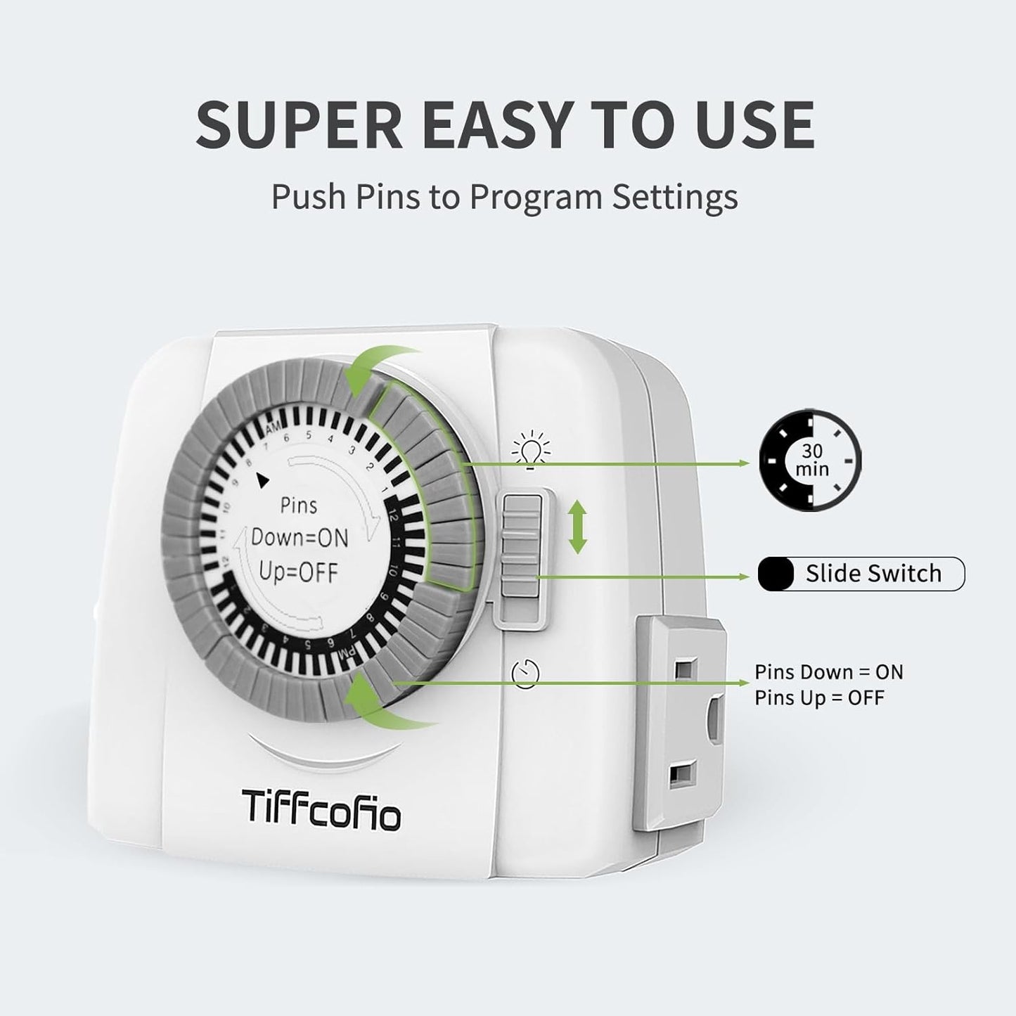 TiFFCOFiO Indoor Mechanical Light Timer, 3 Prong Plug in Timer Switch, 2 Grounded Outlets for Lamps Indoor, ETL Listed,15A/1875W