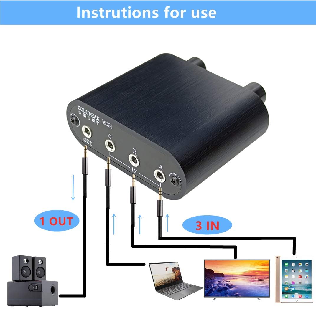 3.5mm Audio Switch with line Volume Controller, 3 in 1 Out 1/8" aux switcher Splitter selector Box, Mini Inline Headphone attenuator Volume Control knob -MC31