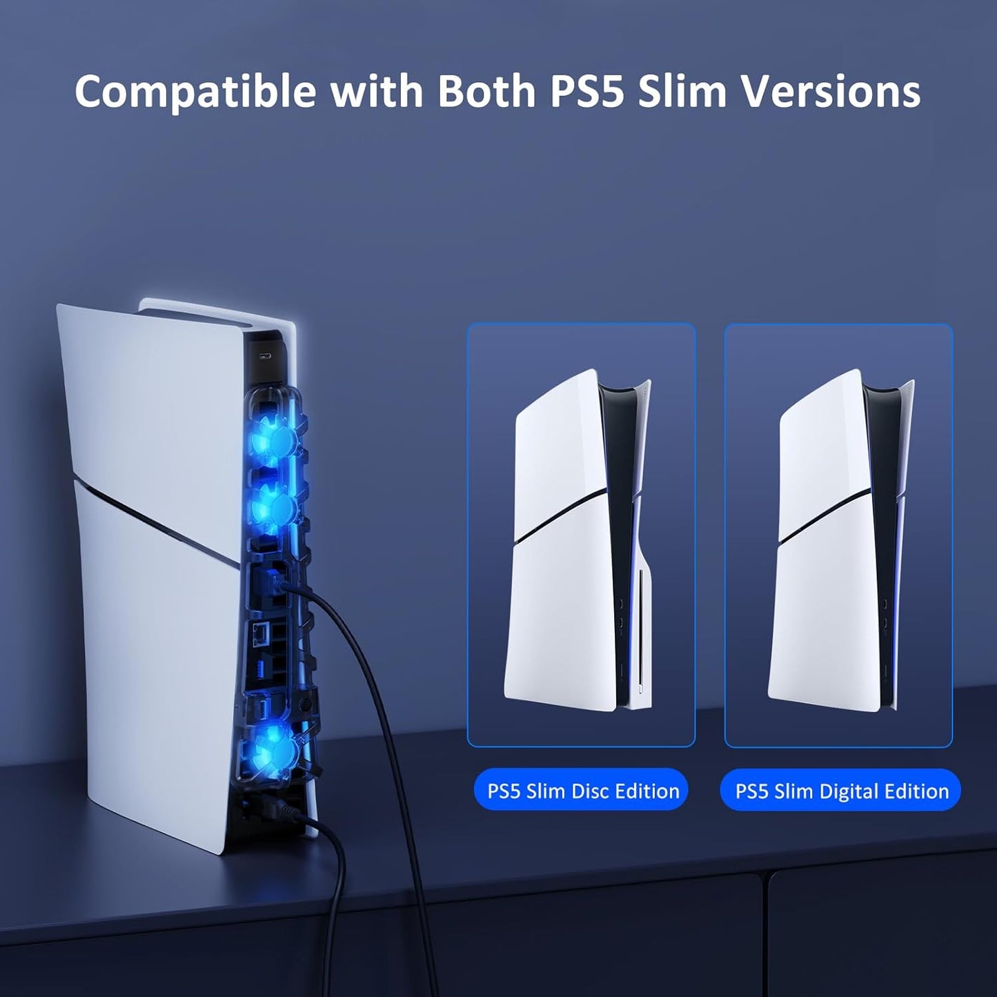 NexiGo PS5 Slim Silent Enhanced Cooling Fan with Adjustable Speed, Auto Power On/Off, with USB 3.0 Port, Efficient Cooling System for Both PS5 Slim Disc and Digital Editions