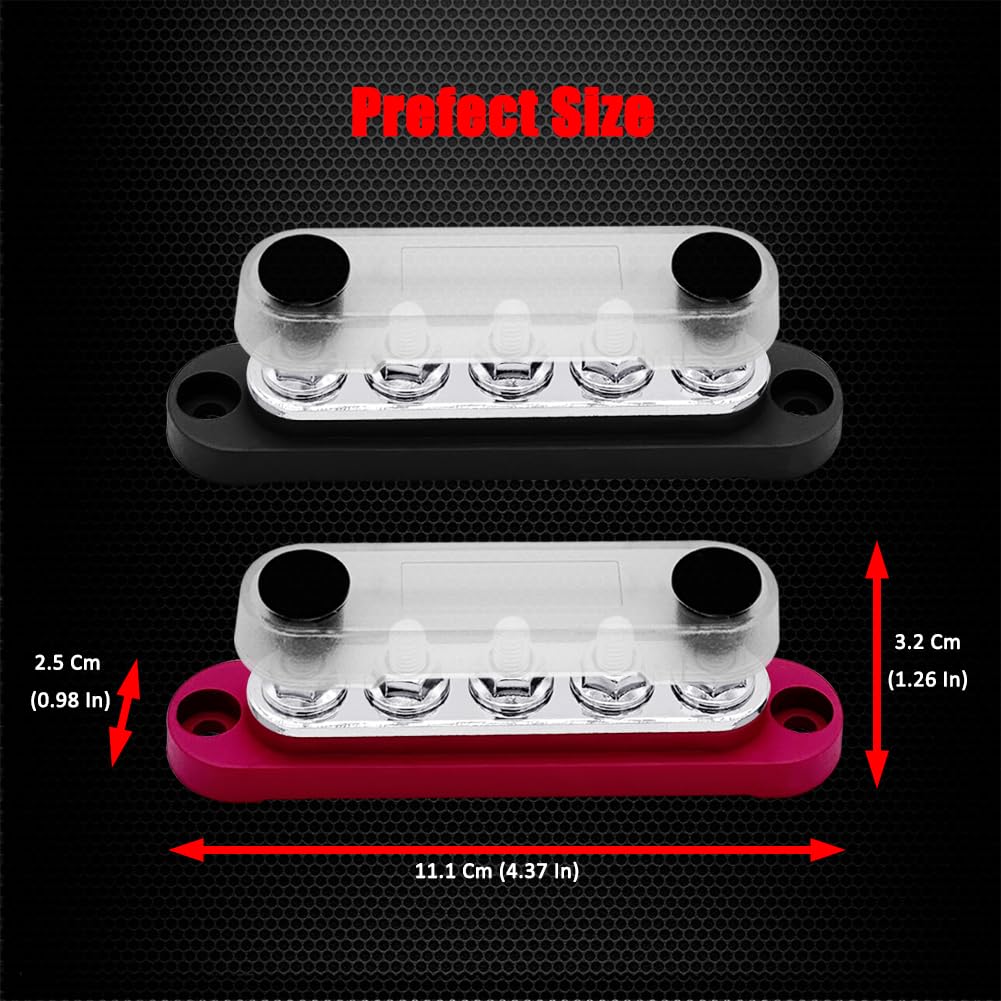 5 x M6 (1/4") Studs Power Distribution Block Bus Bar 12V, Ampper 4.3" 150A Marine BusBar Battery Distribution Block W/Cover for Car Boat Solar (Red & Black)