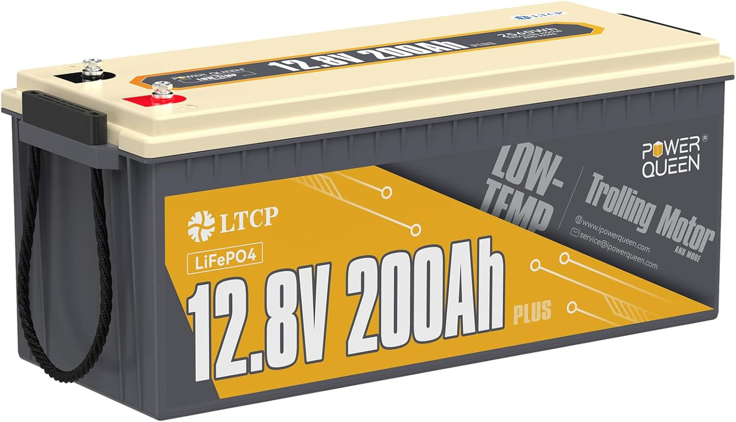 Power Queen 12V200Ah PLUS LiFePO4 Battery, Low Temperature Protection, Built-in 200A BMS, Max.2560W Load Power, Deep Cycle Battery for Trolling Motor, Marine, RV Camping, Off-grid Application