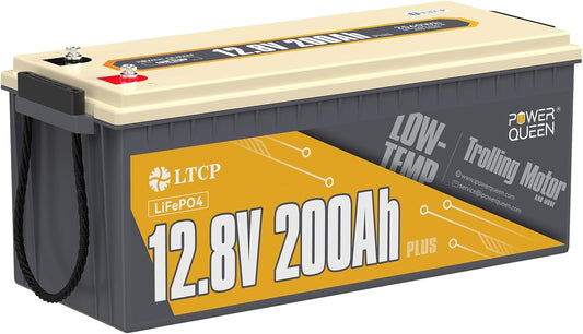 Power Queen 12V200Ah PLUS LiFePO4 Battery, Low Temperature Protection, Built-in 200A BMS, Max.2560W Load Power, Deep Cycle Battery for Trolling Motor, Marine, RV Camping, Off-grid Application