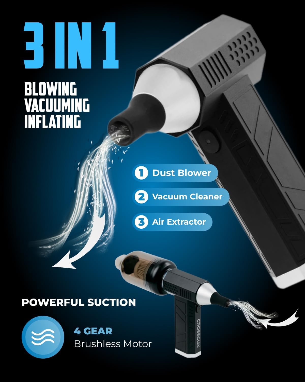 Owleys Portable Car Vacuum Cleaner “CrossClean 2-in-1 Vacuum & Air Blower | 120W High-Power | 8 Attachments | 12V Rated Voltage | Cordless, Lightweight & Rechargeable via Type-C Cable