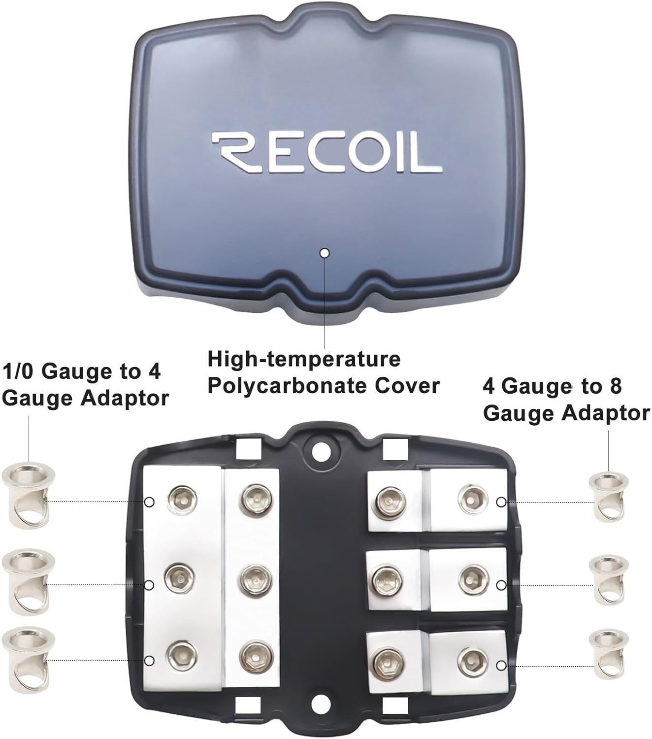 Recoil MFH13 3-Way Mini-ANL Fused Distribution Block, 3 X 0/2/4 Gauge in / 3 X 4/8 Gauge Out Fused Distribution Block with 60A, 80A, 100A Fuses, Solid Brass for Maximum Power Transfer