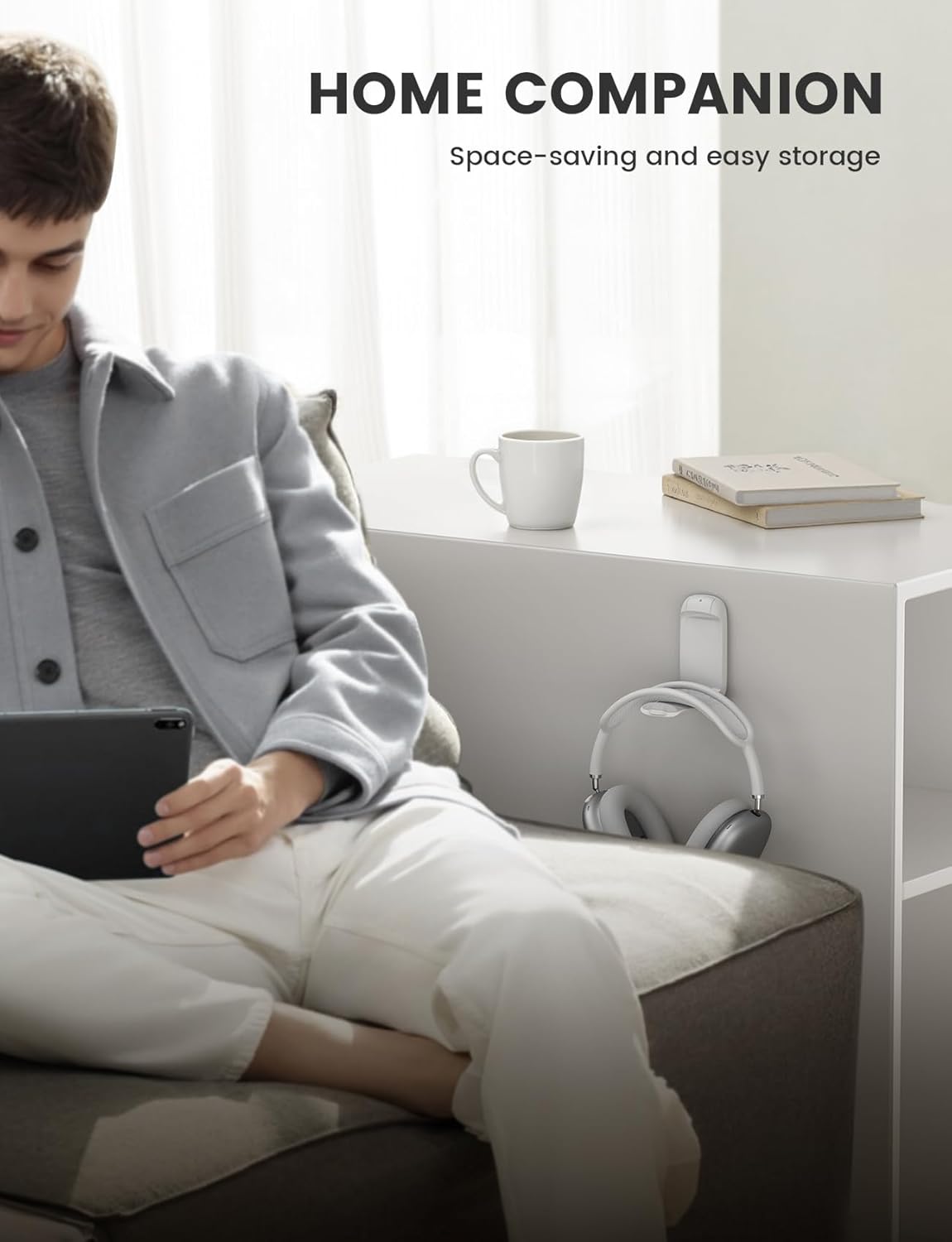 Lamicall Headphone Stand, Sticky Headset Holder - Foldable Headphone Holder Hook Mount, Adhesive Headset Hanger Clip Under Desk, Earphone Clamp for Airpods Max, HyperX, Sennheiser, White