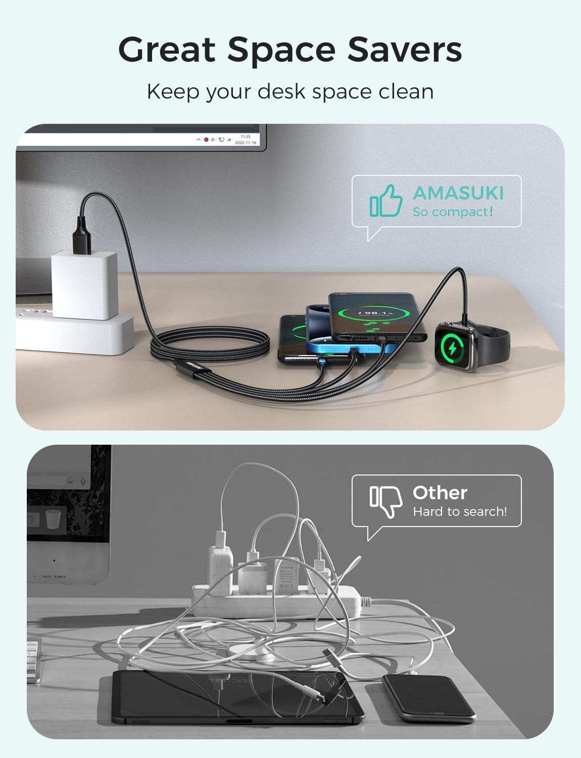 2Pack Travel Essentials Multi Charging Cable for Watch Charger 4 in 1 Fast Charger Camping Essentials USB C/L/Micro Compatible with Watch Series 10-1/SE/Ultra Phone 16 15/Galaxy Android-4FT/Black
