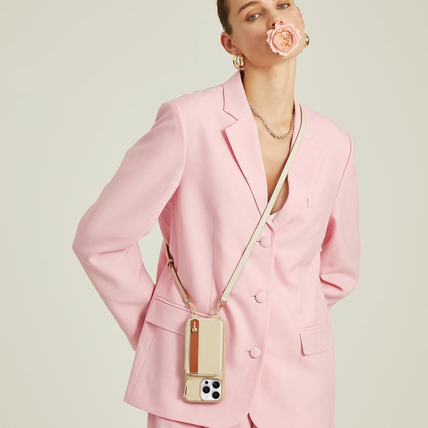 LAMEEKU for iPhone 14 Pro Max Wallet Case with Card Holder, Zipper Leather Crossbody Case with Kickstand Lanyard for Women, Cover with Phone Grip Holder Stand for Apple iPhone 14 Pro Max 6.7" Beige