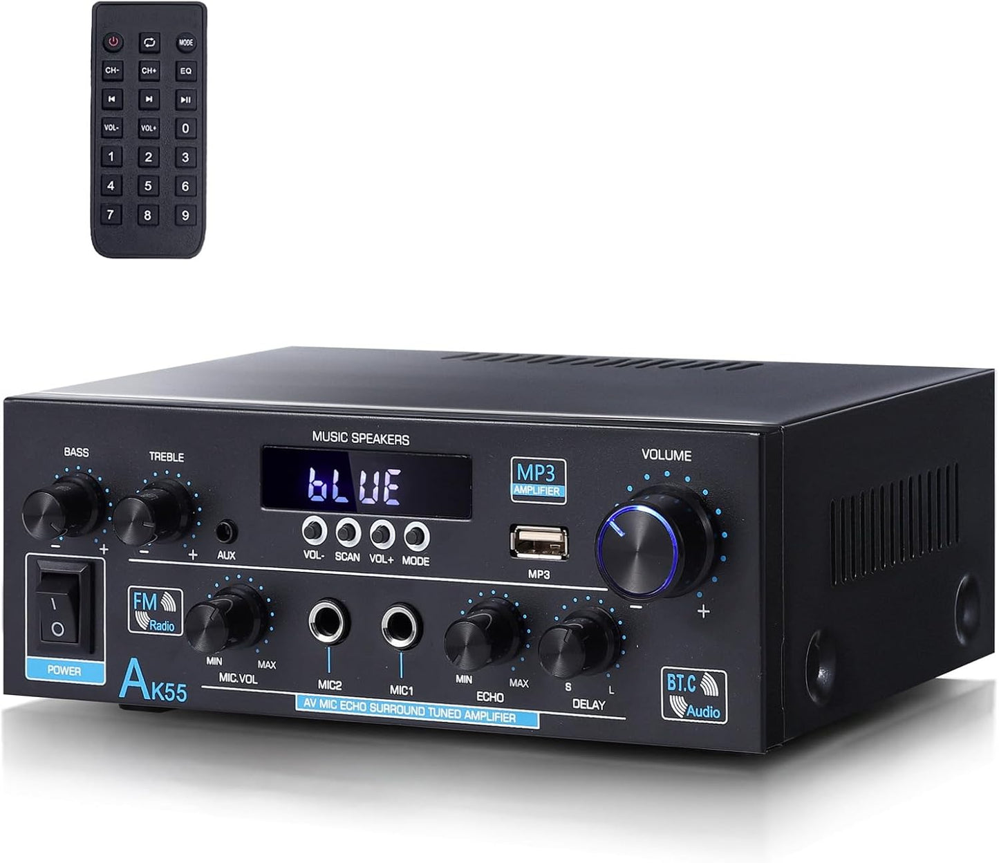 AK55 Bluetooth 5.0 Amplifier Home Audio,2.0 Channel Max 450W Power Stereo Amplifier Receiver w/USB/AUX/RCA/Opt/COA /2 MIC in for Home Theater Speakers
