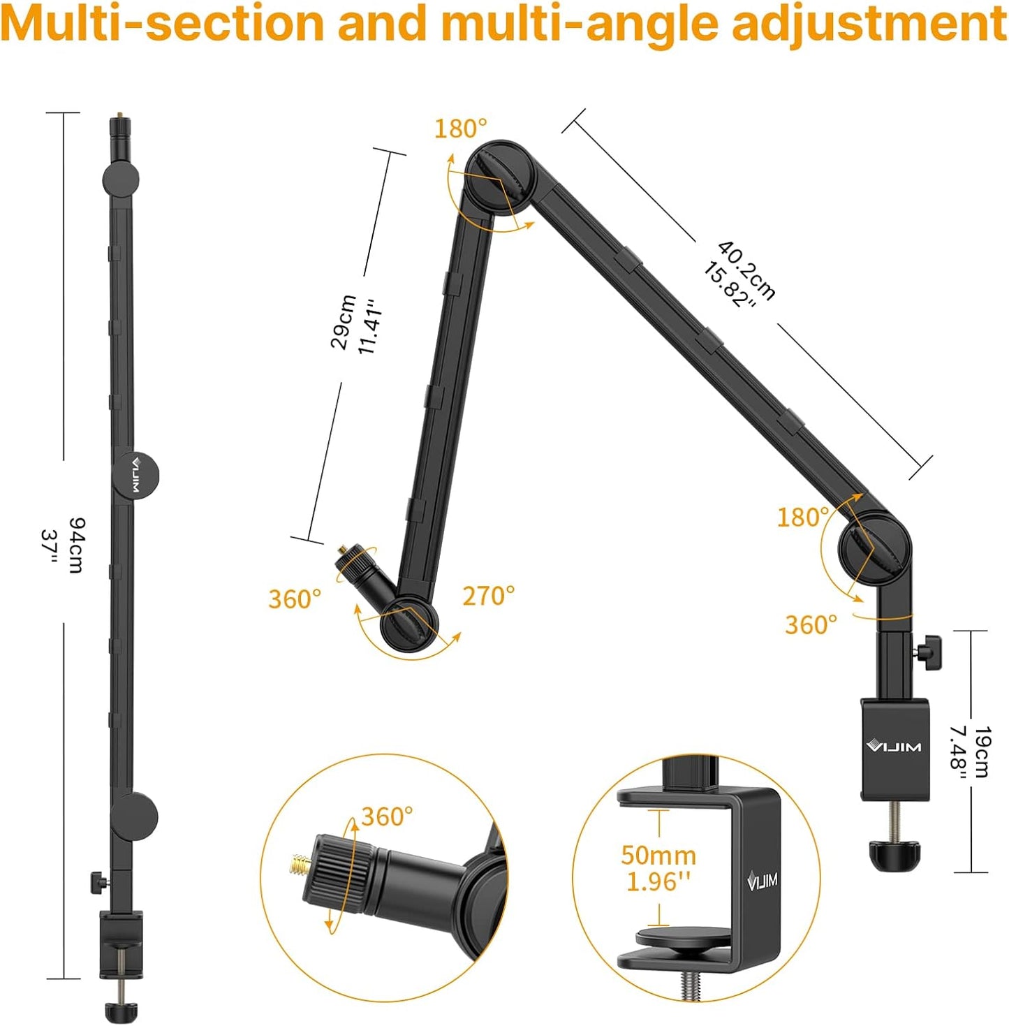 PICTRON VIJIM LS25 Camera Desk Mount, Flexible Overhead Webcam Stand with Boom Arm, Table C-Clamp Suitable for Photography Videography Live Stream
