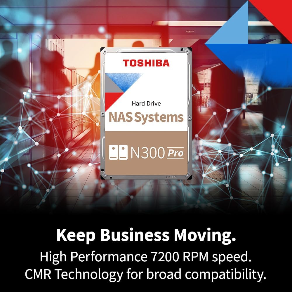 Toshiba N300 PRO 22TB Large-Sized Business NAS (up to 24 Bays) 3.5-Inch Internal Hard Drive - Up to 300 TB/Year Workload Rate CMR SATA 6 Gb/s 7200 RPM 512 MB Cache - HDWG62CXZSTB