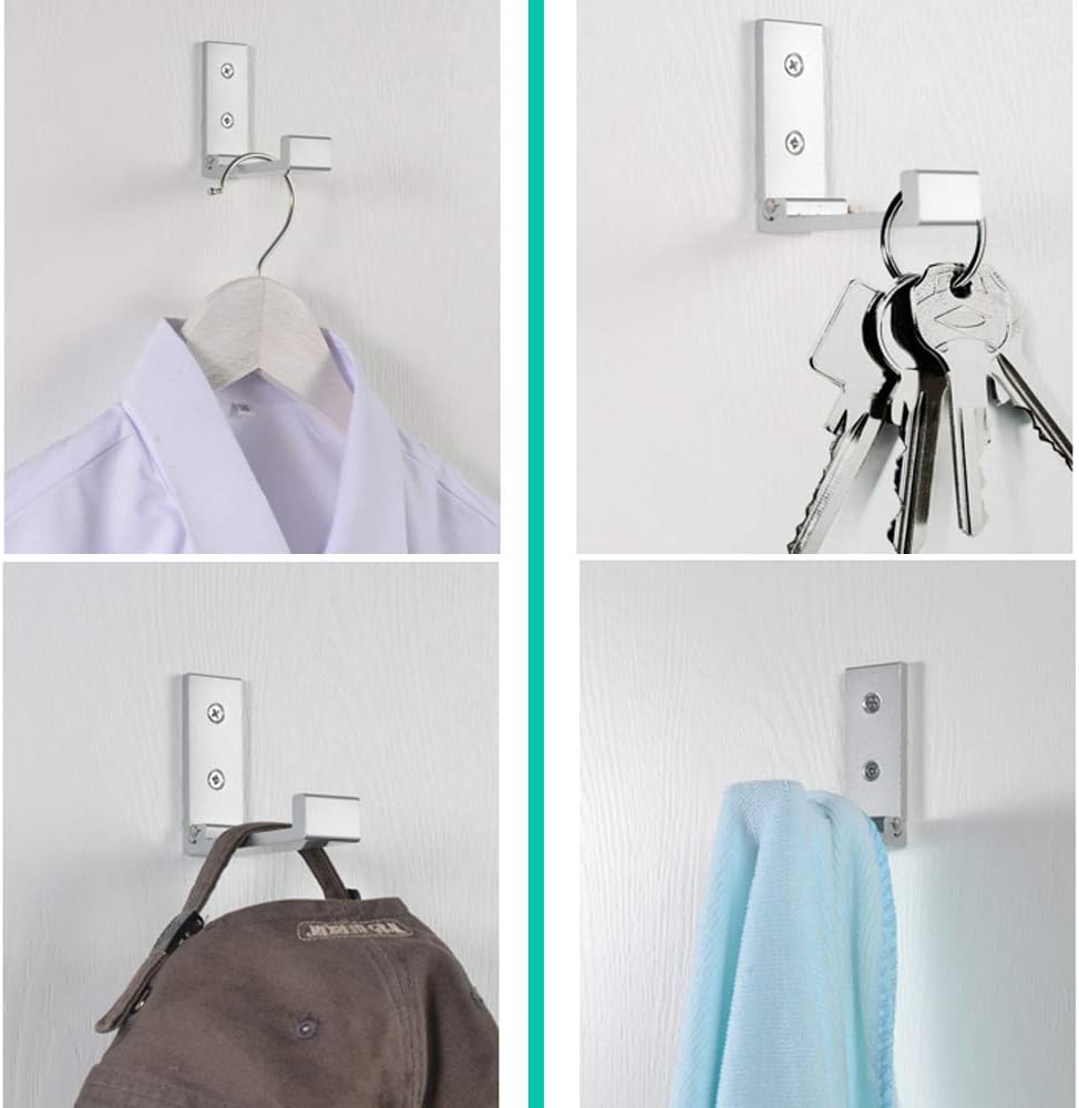 Folding Coat Hooks, Wall Hooks for Hanging Aluminum Alloy Cloth Hanger Coat Hanger Headphones Holder Headset Wall Hanger Hook- Pack of 4 (Silver)