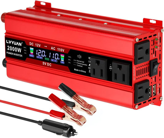 LVYUAN 1000W Car Power Inverter 12V to 110V DC to AC with 4 US Sockets, Cigarette Lighter, LCD Display, USB Ports for Car, Home,Outdoor, Camping
