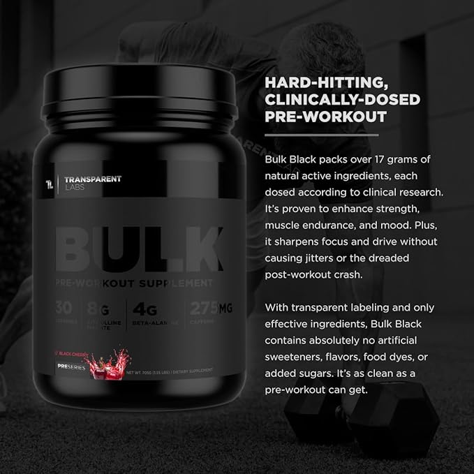 Transparent Labs Bulk Black Pre Workout - Clinically Dosed, Naturally Sweetened Preworkout for Men and Women with Beta Alanine Powder, Citrulline Malate, & Caffeine Powder- 30 Servings, Blue Raspberry