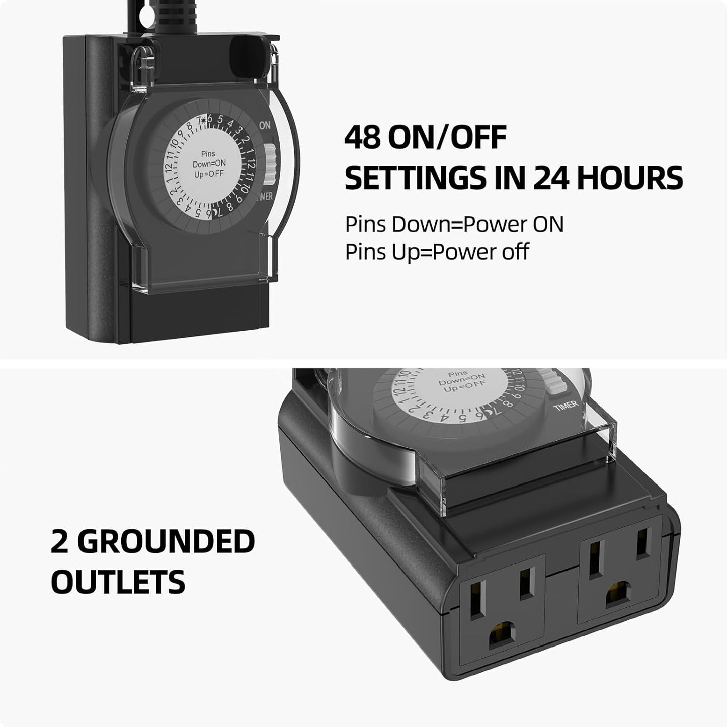 Outdoor Timer Outlet Waterproof, 24 Hour Mechanical Light Timer Outdoor, 2 Grounded Outlets for Home and Garden, 15A 1/2HP, Heavy Duty, ETL Listed (1 Pack)