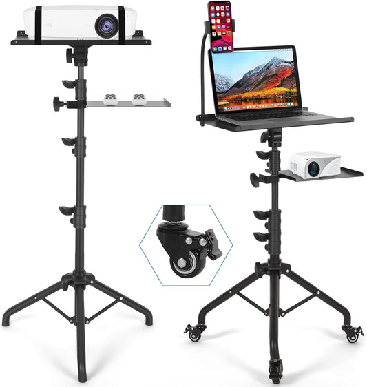 Laptop Tripod on Wheels with 2 Shelves, Portable Projector Floor Stand Adjustable Height 25.9 to 51.8 Inch with Phone Holder