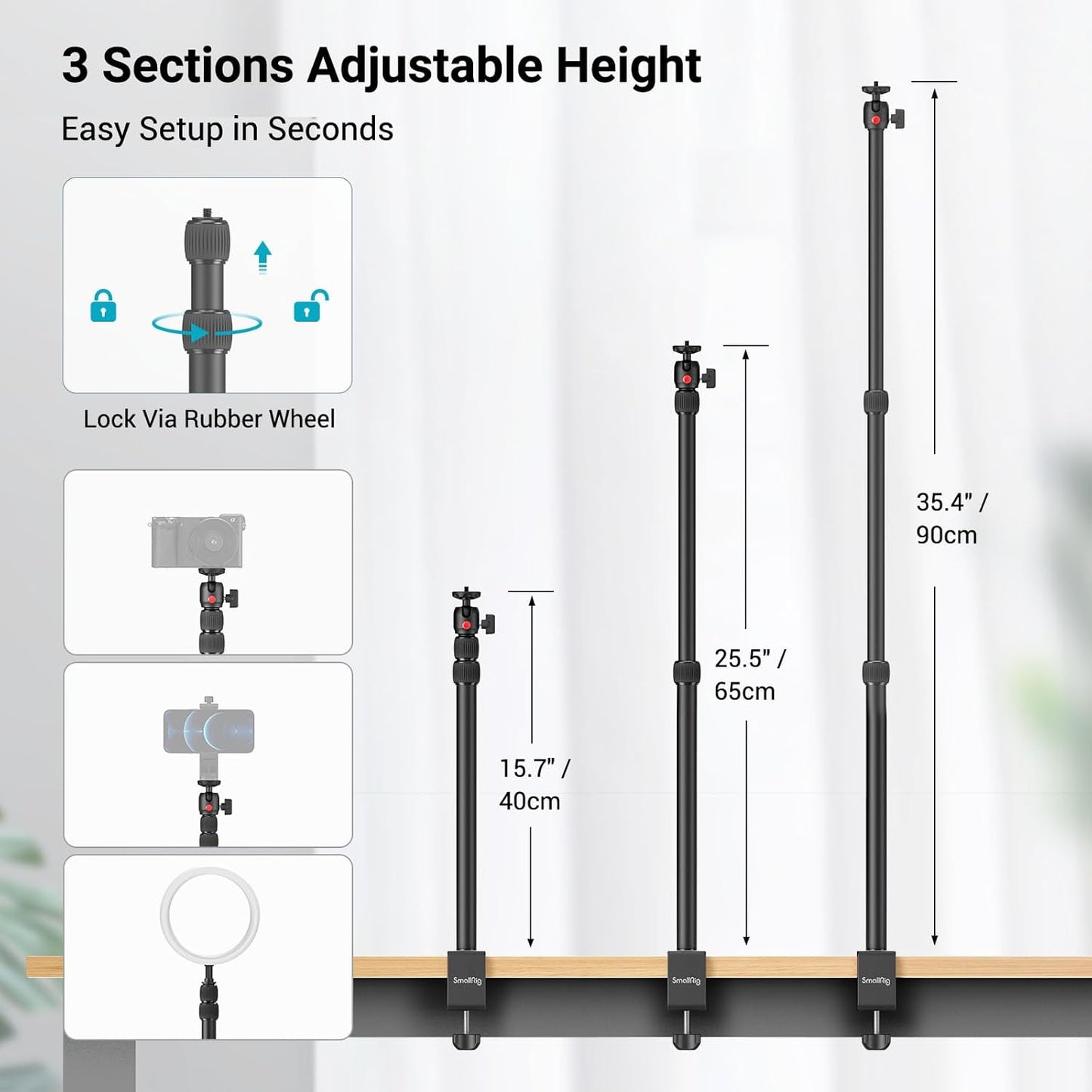 SmallRig Camera Desk Mount Table Stand, Adjustable Light Stand 15"-35", Tabletop C Clamp for DSLR Camera, Ring Light, Live Streaming, Photo Video Shooting