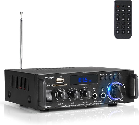 Stereo Audio Amplifier, 300W Home 2 Channel Wireless Bluetooth 5.0 Power Amplifier System, Home Amplifiers FM Radio, USB, SD Card, with Remote Control Home Theater Audio Stereo System
