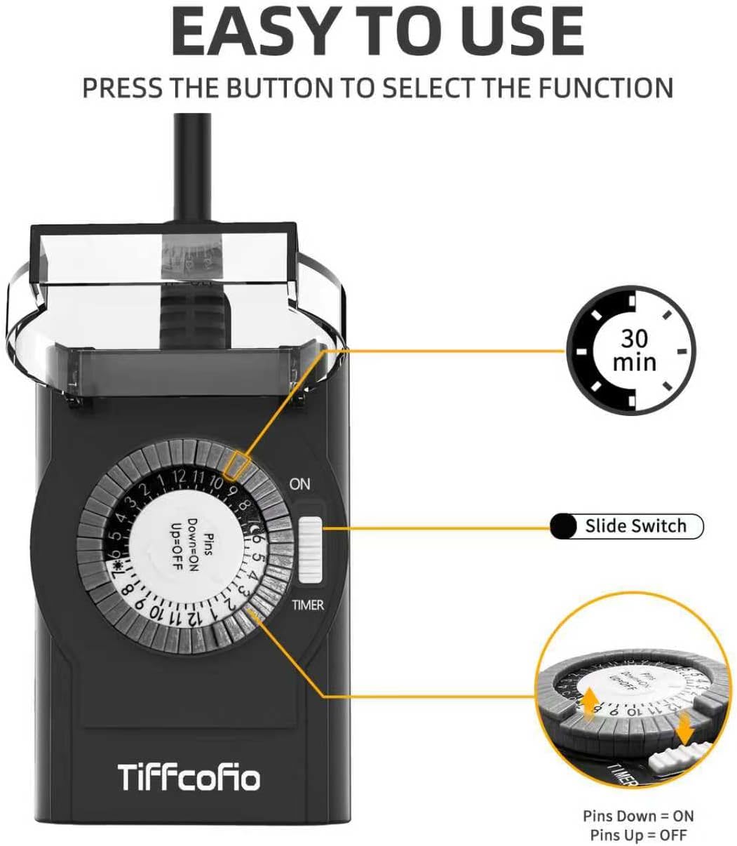 Outdoor Timer Outlet Waterproof, 24 Hour Mechanical Light Timer Outdoor, 2 Grounded Outlets for Home and Garden, 15A 1/2HP, Heavy Duty, ETL Listed (2 Pack)