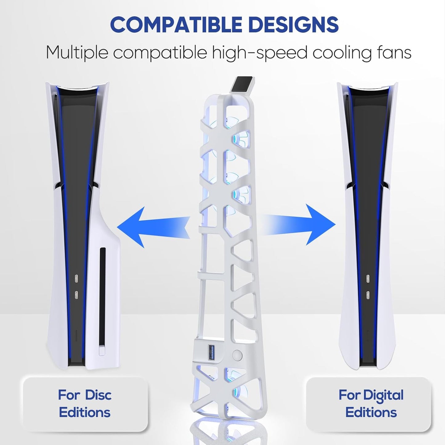 PS5 Slim Cooling Fan with Adjustable Speed - 3 Mode Speeds, Low Noise, Auto Power On/Off, with USB 3.0 Port, LED Light, Efficient Cooling System for PS5 Disc and Digital