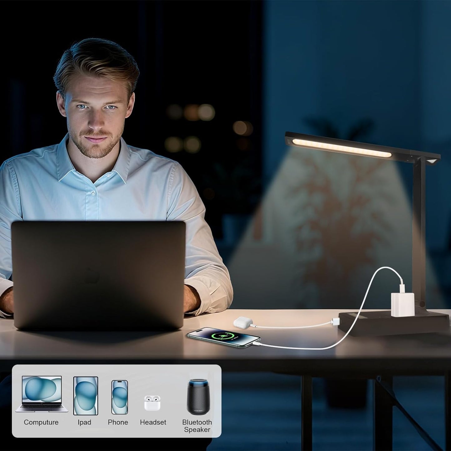 Smart Desk Lamp with 4-in-1 Charging Station (2 AC outlets, Type-C, USB-A Ports), 5 Color temperatures and 5 Brightness Levels, Adjustable gooseneck arm, Eye-Friendly Lighting for desks, bedrooms