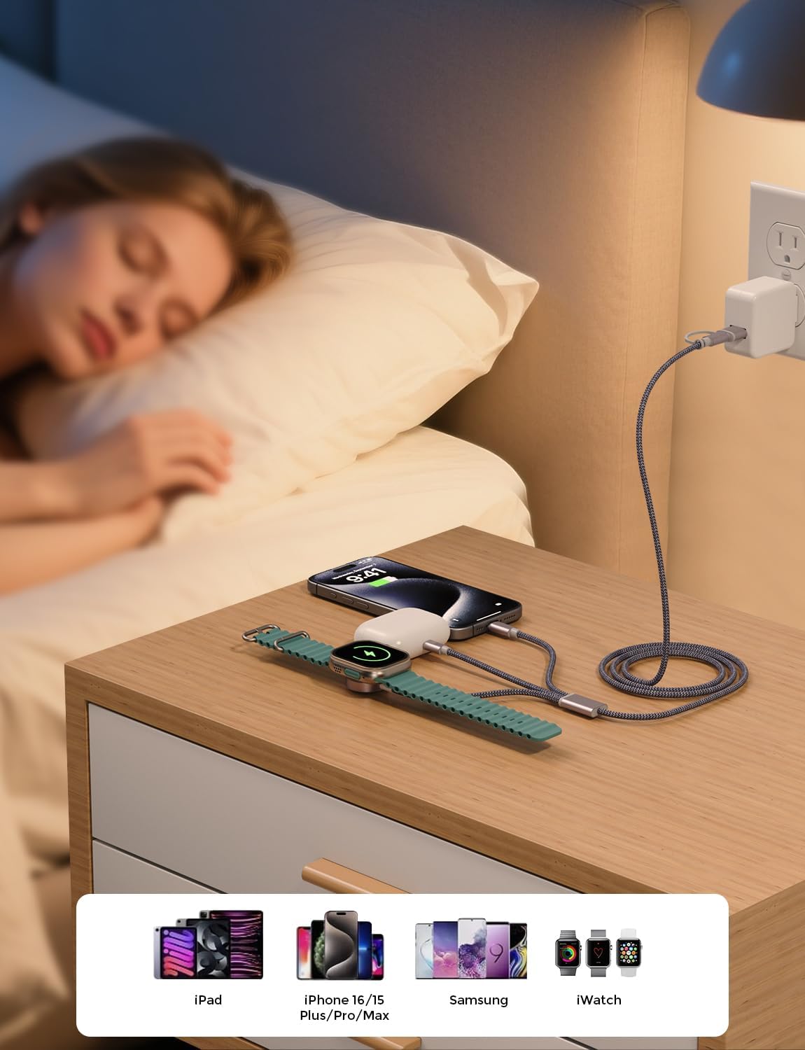 Travel Essentials,Upgraded 3 in 2 USB C Cable for Apple Watch Charger/iPhone Charger,Multi Charging Cable,RV Camping Essentials,Portable for iWatch Series 10-2/Ultra/SE& iPhone 16-12-4FT