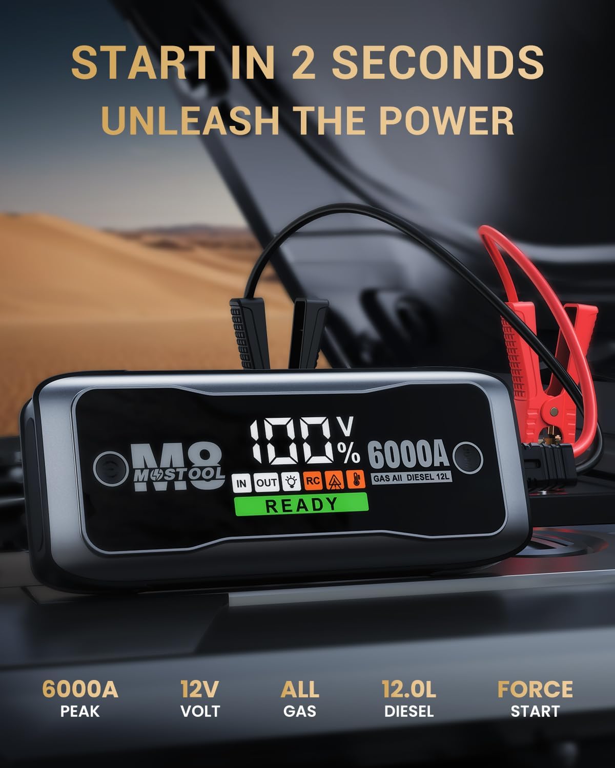 MOSTOOL M8 6000A Car Battery Jump Starter with Smart HD Display PD 60W Fast Charging, 12V Battery Jump Pack, Portable Jump Box with Jumper Clamps LED Light, Rugged Kit for All Gas & Up to 12.0L Diesel